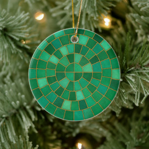 Emerald Mosaic Circle Pattern Art Ceramic Ornament
