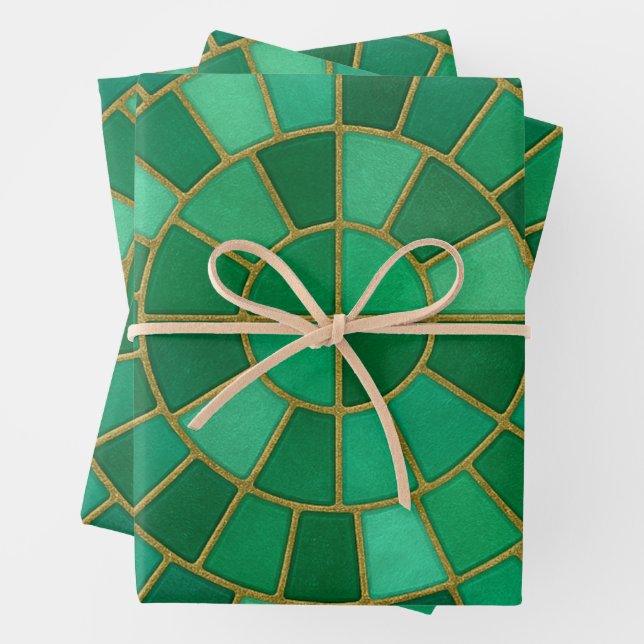 Emerald Mosaic Circle Pattern Art Wrapping Paper Sheets (In situ)