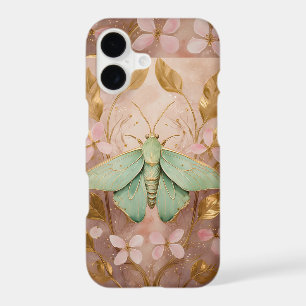 Emerald Moth and Golden Flowers Elegant Pink iPhone 17 Case