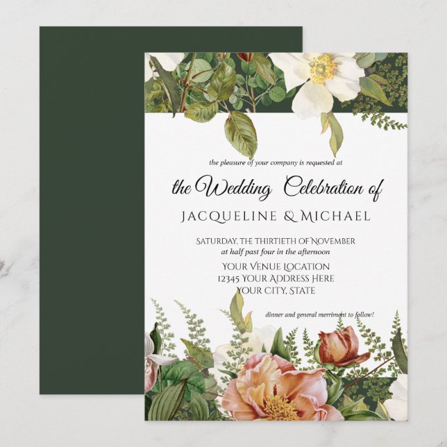 Emerald n Blush Floral Ivory Peony Rose Wedding Invitation (Front/Back)