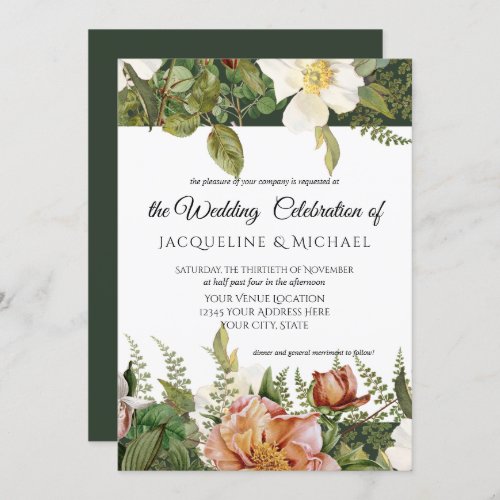 Emerald n Blush Floral Ivory Peony Rose Wedding Invitation