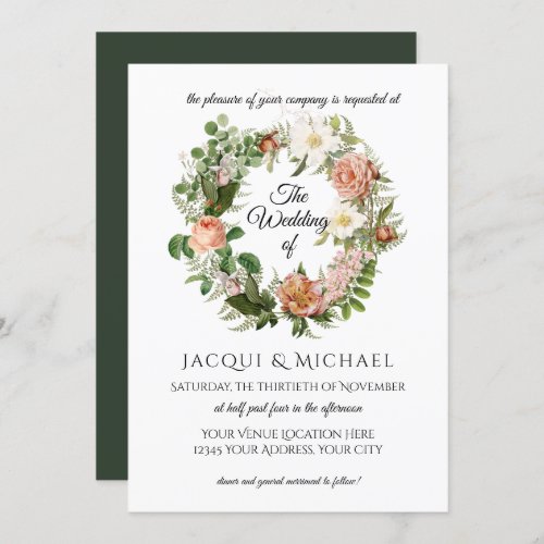 Emerald n Blush Ivory Roses w Fern Wreath Wedding Invitation