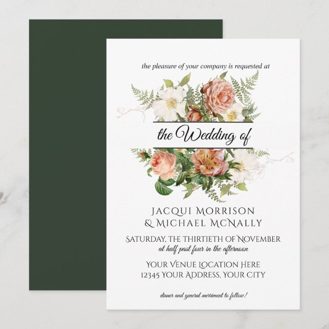 Emerald n Blush Peony, Roses w Fern Wreath Wedding Invitation (Front/Back)