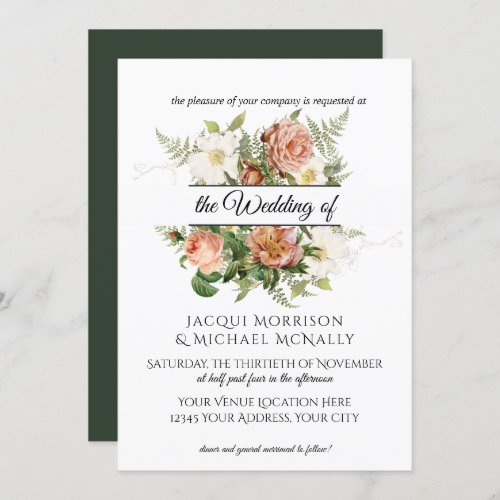 Emerald n Blush Peony Roses w Fern Wreath Wedding Invitation