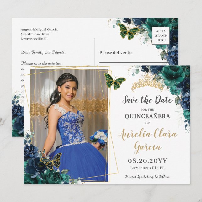 Emerald Navy Floral Quinceañera Pic Save the Date Invitation (Front/Back)