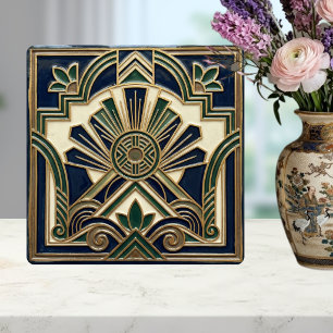Emerald Navy Gold Art Deco Sun Rays Geometric  Ceramic Tile
