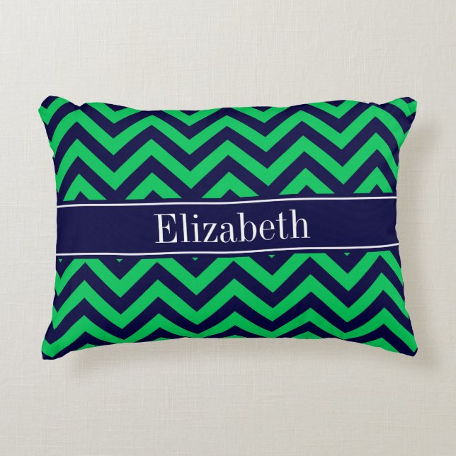 Emerald Navy LG Chevron Navy Blue Name Monogram Accent Pillow (Front)