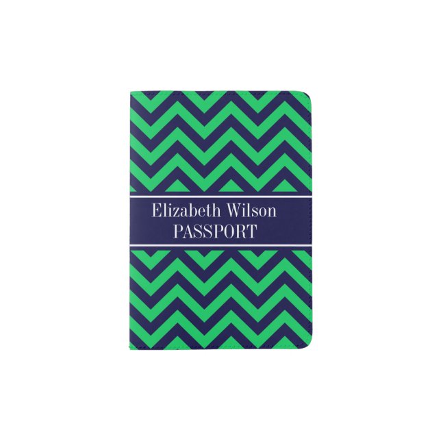 Emerald Navy LG Chevron Navy Blue Name Monogram Passport Holder (Front)