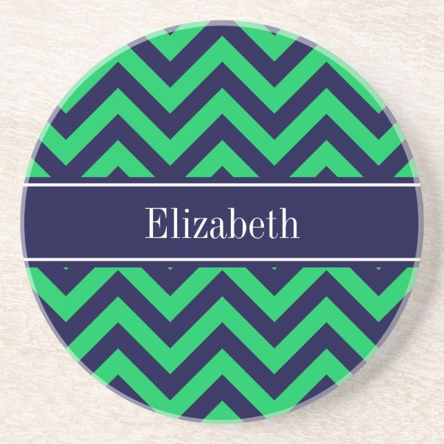 Emerald Navy LG Chevron Navy Blue Name Monogram Sandstone Coaster (Front)