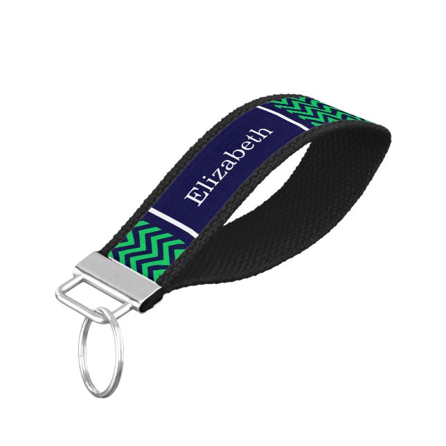 Emerald Navy LG Chevron Navy Blue Name Monogram Wrist Keychain (Angled Down)