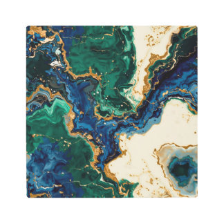 Emerald, Navy & Liquid Gold Abstract Marble Metal  Print