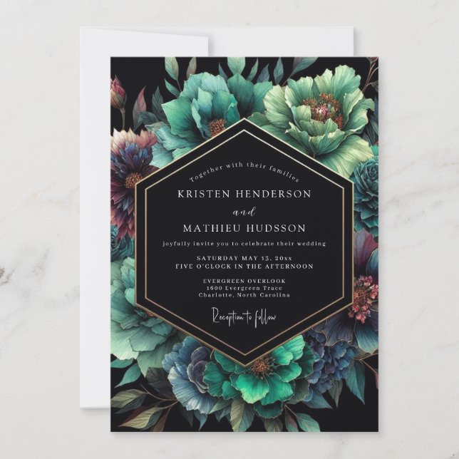 Emerald Noir Bloom Wedding Invitation (Front)