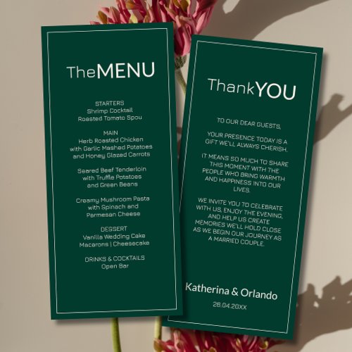 Emerald Old Money Wedding Menu Thank You Note