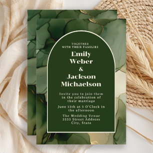 Emerald Olive Green Gold Floral Arch Wedding  Invitation