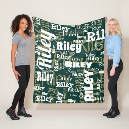 Emerald Olive White Name Pattern Personalized Fleece Blanket