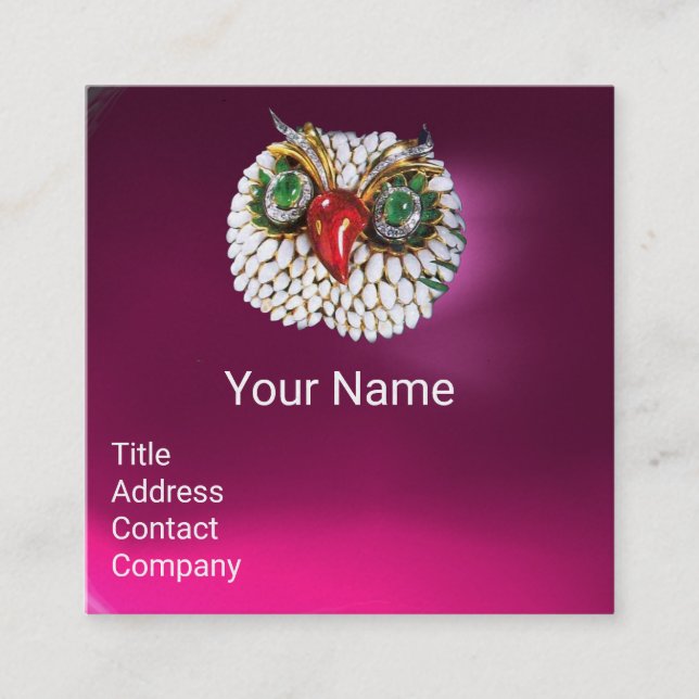 EMERALD OPALE WHITE PEARL JEWEL OWL Pink Fuchsia Square Business Card (Front)