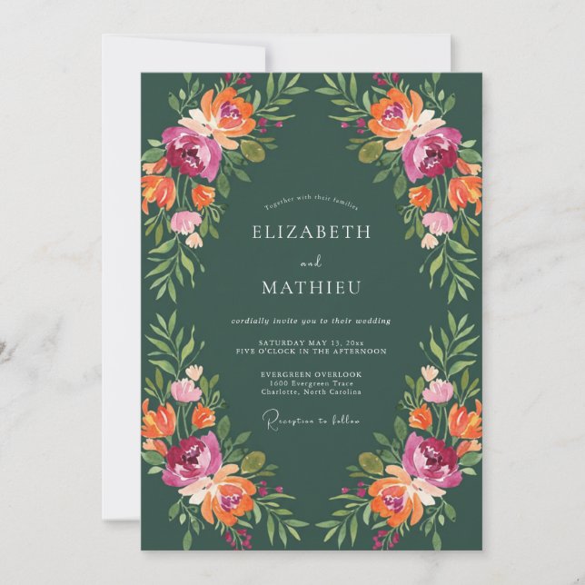 Emerald Orange Bloom Wedding Invitation (Front)