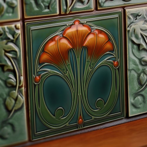Emerald Orange Wall Decor Art Nouveau Ceram Ceramic Tile