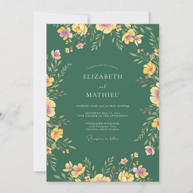 Emerald Painted Wildflower Wedding Invitation (Front)