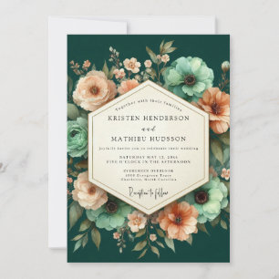 Emerald Peach Luminous Bloom Wedding Invitation