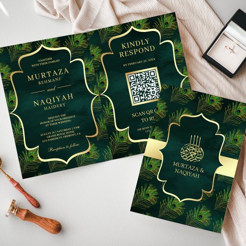Emerald Peacock Feathers QR Code Muslim Wedding Invitation