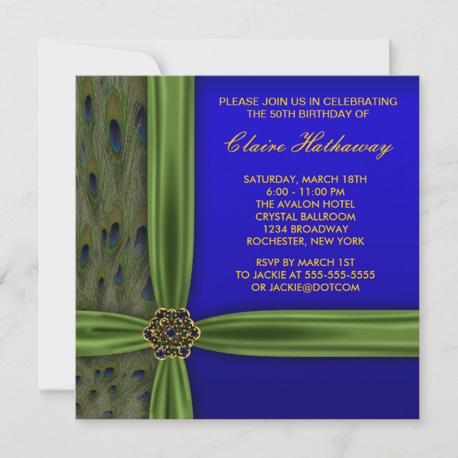 Emerald Peacock Gold 50th Birthday Invitations (Front)