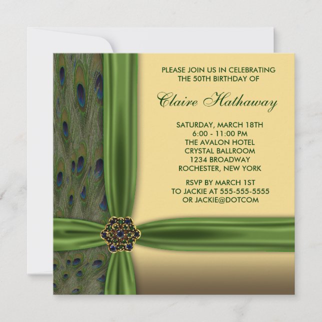 Emerald Peacock Gold 50th Birthday Invitations (Front)