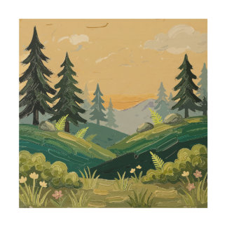 Emerald Pine Valley — Golden Age abstract cartoon Wood Wall Art