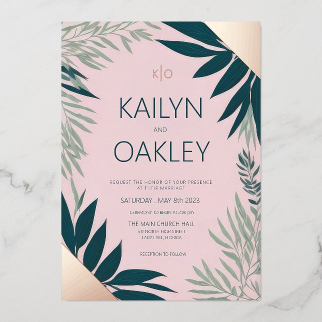  Emerald Pink Foliage Greenery Wedding Rose Gold Foil Invitation (Front)