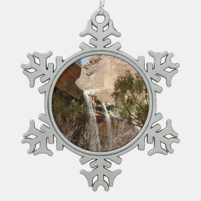 Emerald Pool Falls I from Zion National Park Snowflake Pewter Christmas Ornament (Front)