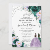 Emerald Purple Floral Twins Quinceañera Silver Invitation (Front)