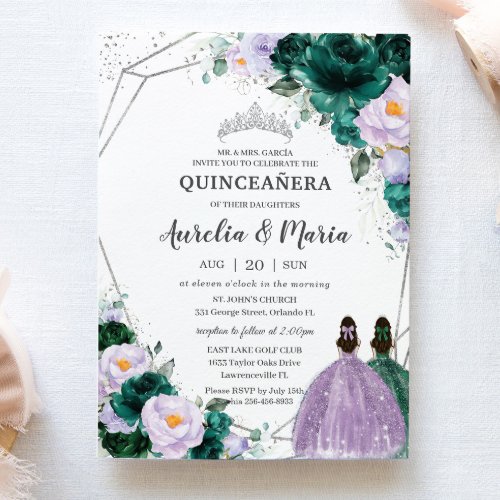 Emerald Purple Floral Twins Quinceaera Silver Invitation