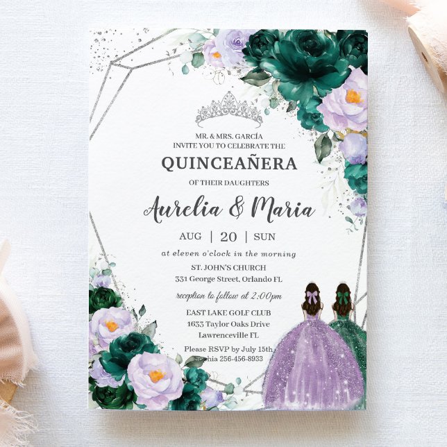 Emerald Purple Floral Twins Quinceañera Silver Invitation