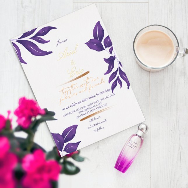 Emerald Purple & Gold Eucalyptus Wedding Foil Invitation (Creator Uploaded)