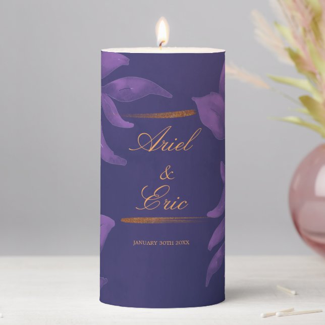 Emerald Purple & Gold Eucalyptus Wedding Pillar Candle (In Situ)