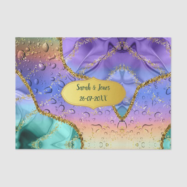 Emerald Purple Peacock Water Droplets Personalized Tissue Paper (Front)