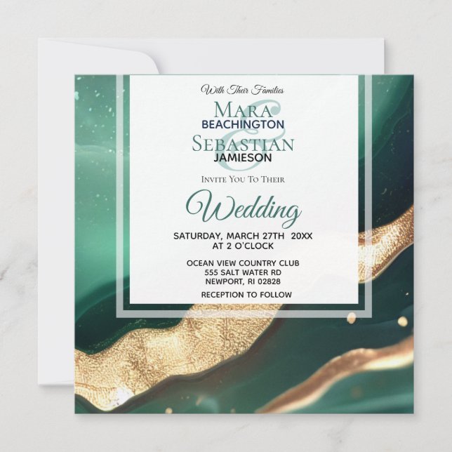 *~* EMERALD QR GREEN GOLD Agate RSVP AR66 Wedding Invitation (Front)