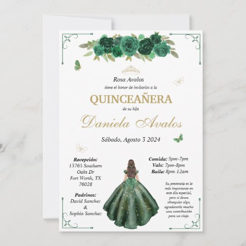 Emerald Quinceaera Invitation in Spanish