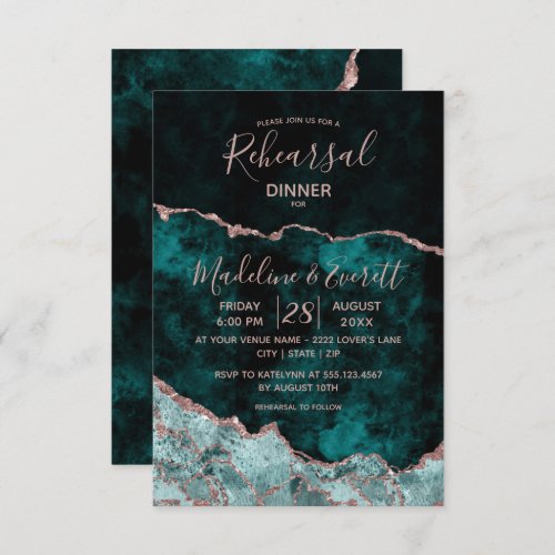 Emerald  Rose Gold Agate Wedding Rehearsal Dinner Invitation