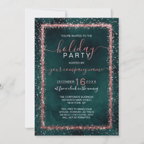 Emerald Rose Gold Confetti Corporate Holiday Invitation