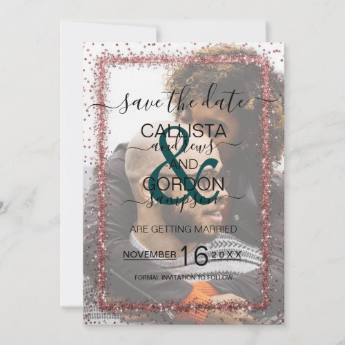 Emerald Rose Gold Confetti Photo Wedding Save The Date