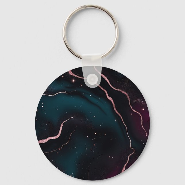 Emerald Rose Gold Galaxy Marble Pattern Keychain (Front)
