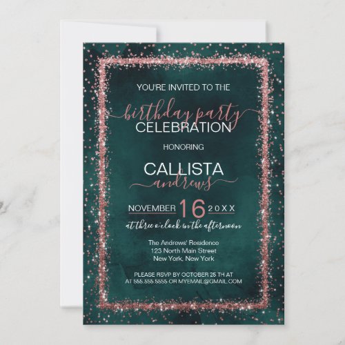 Emerald Rose Gold Sprinkled Confetti Birthday Invitation