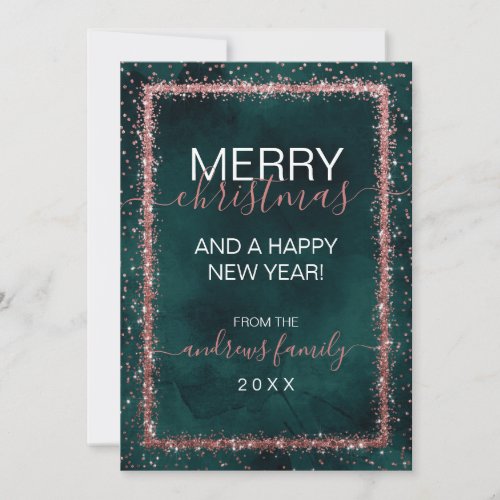 Emerald Rose Gold Sprinkled Confetti Christmas Holiday Card