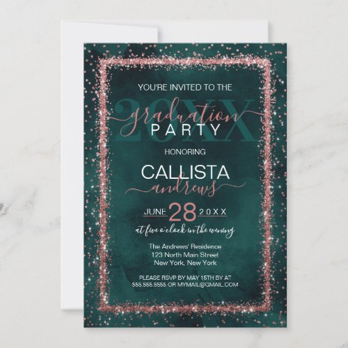 Emerald Rose Gold Sprinkled Confetti Graduation Invitation