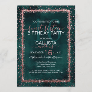 Emerald Rose Gold Sprinkled Confetti Sweet 16 Invitation