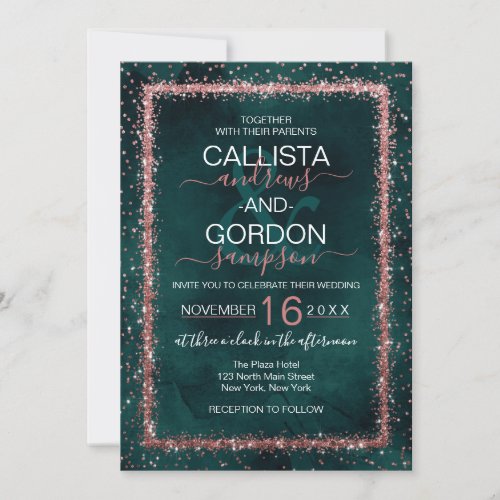 Emerald Rose Gold Sprinkled Confetti Wedding Invitation