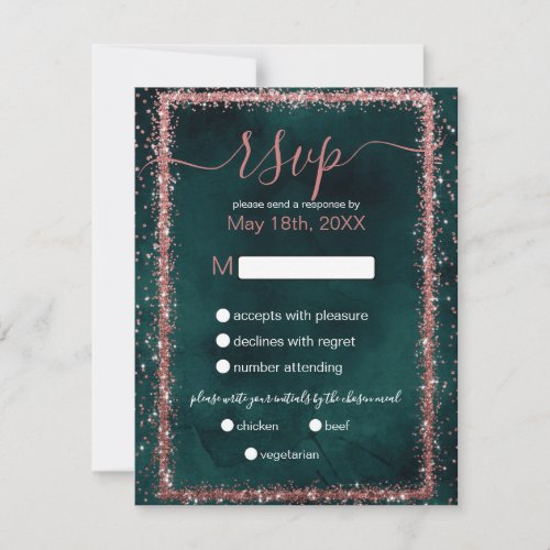 Emerald Rose Gold Sprinkled Confetti Wedding RSVP Card