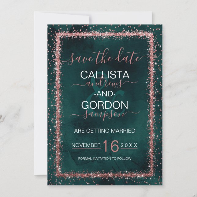 Emerald Rose Gold Sprinkled Confetti Wedding Save The Date (Front)