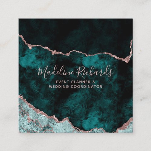 Emerald  Rose Gold Watercolor Marble Agate Gilded Square Business Card